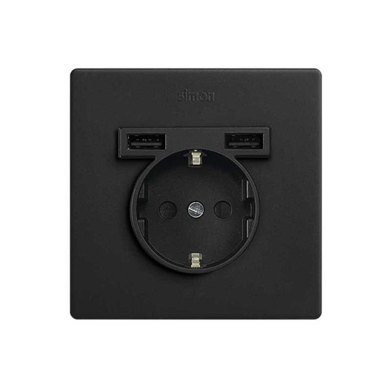 Enchufe USB Simon 270 combinada con base schuko en acabado negro mate