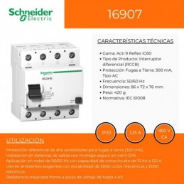 Interruptor Diferencial Schneider 4P 125A 300mA 400V Clase AC 16907